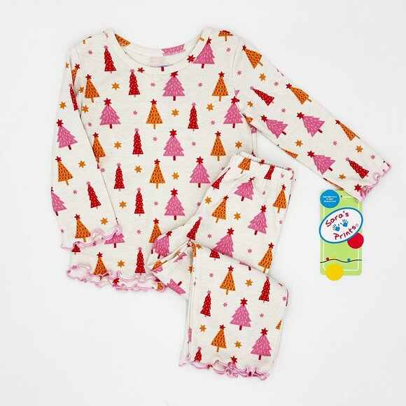 NWT Sara's Prints Toddler Girls Pink Christmas Trees Print Pajama Set Size 2 - Picture 1 of 8